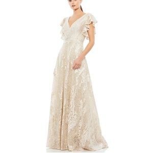 Mac Duggal Embroidered Flutter Ruffle Sleeve V-Neck Gown In Ivory & Nude New Tag